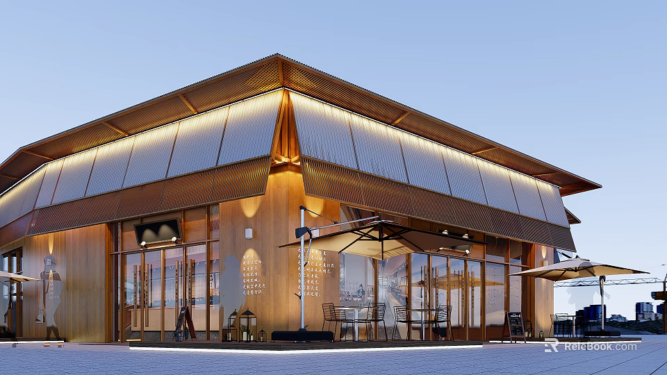 Modern Wooden Storefront Design With Large Glass Windows Canopy And Outdoor Seating 3d model 