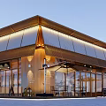Modern Wooden Storefront Design With Large Glass Windows Canopy And Outdoor Seating