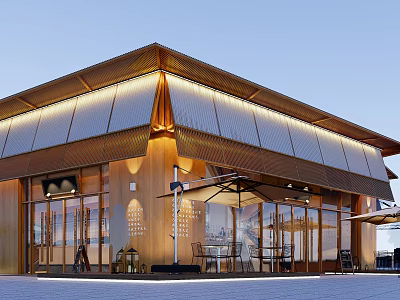 Modern Wooden Storefront Design With Large Glass Windows Canopy And Outdoor Seating 3d model