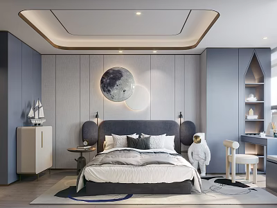 Kids Room Interior With Moon Decor Astronaut Doll Gray Walls And Sailboat Model 3d model