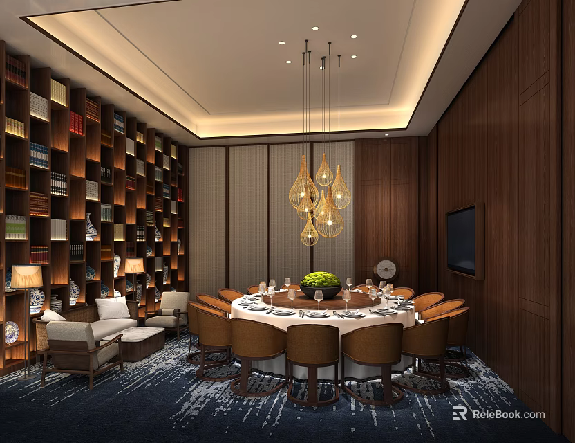 Elegant Private Dining Room Interior With Round Dining Table Chandeliers Bookshelf Wall And Sofa 3d model
