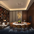 Elegant Private Dining Room Interior With Round Dining Table Chandeliers Bookshelf Wall And Sofa 3d model