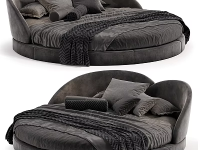 Luxurious Round Gray Upholstered Double Bed with Soft Pillows and Throw Blanket 3d model