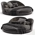 Luxurious Round Gray Upholstered Double Bed with Soft Pillows and Throw Blanket 3d model