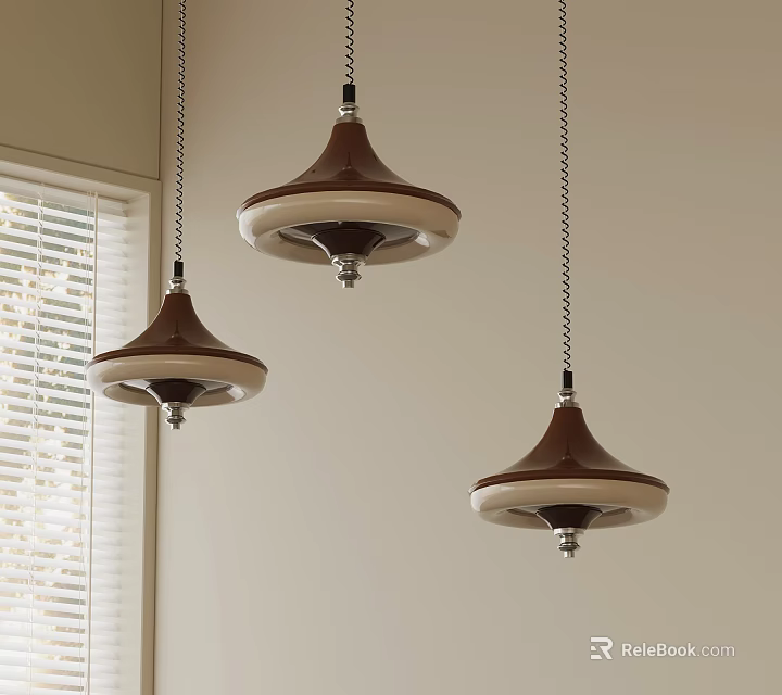 Modern Brown And Beige Gyro Shaped Pendant Lights Hanging From Ceiling Near Window With Blinds 3d model 