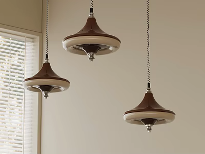 Modern Brown And Beige Gyro Shaped Pendant Lights Hanging From Ceiling Near Window With Blinds 3d model