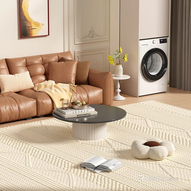 Cozy Living Room Interior With Brown Leather Sofa Black Coffee Table And Yellow Flowers 3d model 