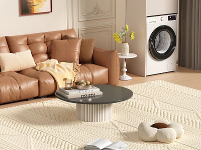 Cozy Living Room Interior With Brown Leather Sofa Black Coffee Table And Yellow Flowers 3d model