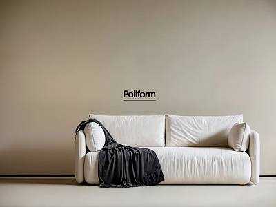 White Sofa with Black Blanket in Beige Wall Interior Featuring Poliform Logo 3d model