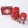 Red Medical First Aid Kit Bags With White Cross Symbol And Emergency Supplies
