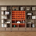 Modern Wooden Bookshelf Design With Multiple Compartments Orange Square Panels Books And Decorative Items Drawers