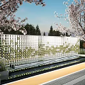 Outdoor Scenic Feature Wall With Perforated Square Panels And Cherry Blossom Trees