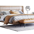 Elegant Modern Double Bed With Tufted Headboard Nightstand Bed Bench And Decorative Pillows 3d model