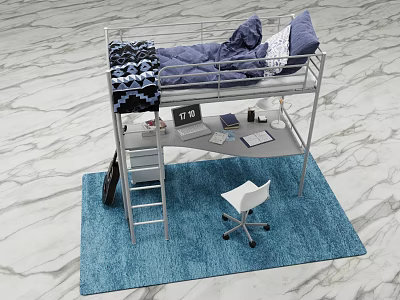 Modern Metal Frame Bunk Bed With Desk Area White Chair And Blue Rug Bedding 3d model