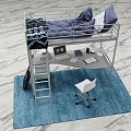 Modern Metal Frame Bunk Bed With Desk Area White Chair And Blue Rug Bedding
