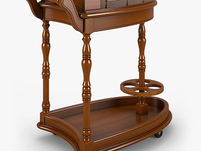 Wooden Serving Cart With Carved Legs And Storage Shelf On Wheels 3d model