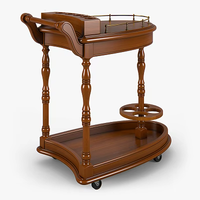 Wooden Serving Cart With Carved Legs And Storage Shelf On Wheels 3d model
