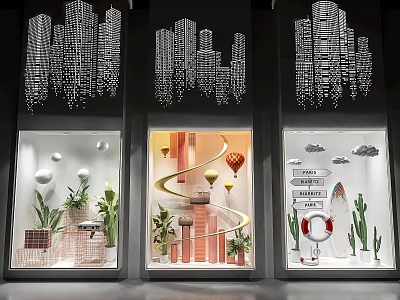 Creative Shop Window Displays With Plants Spiral Structures And Decorative Elements 3d model