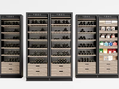 Modern Multiple Wine Cabinets With Glass Doors Wooden Shelves And Bottles Storage Drawers 3d model