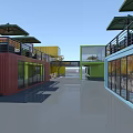 Colorful Container Buildings with Multiple Units Outdoor Seating Trees and Creative Commercial Space