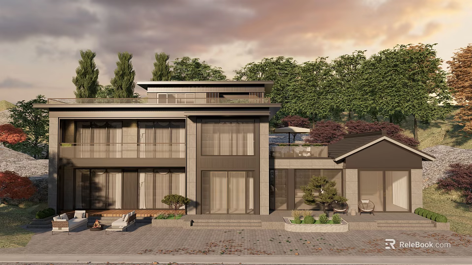 Modern Detached Villa Exterior Design With Large Glass Windows Lush Trees And Courtyard 3d model 