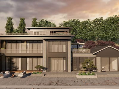 Modern Detached Villa Exterior Design With Large Glass Windows Lush Trees And Courtyard 3d model