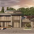Modern Detached Villa Exterior Design With Large Glass Windows Lush Trees And Courtyard