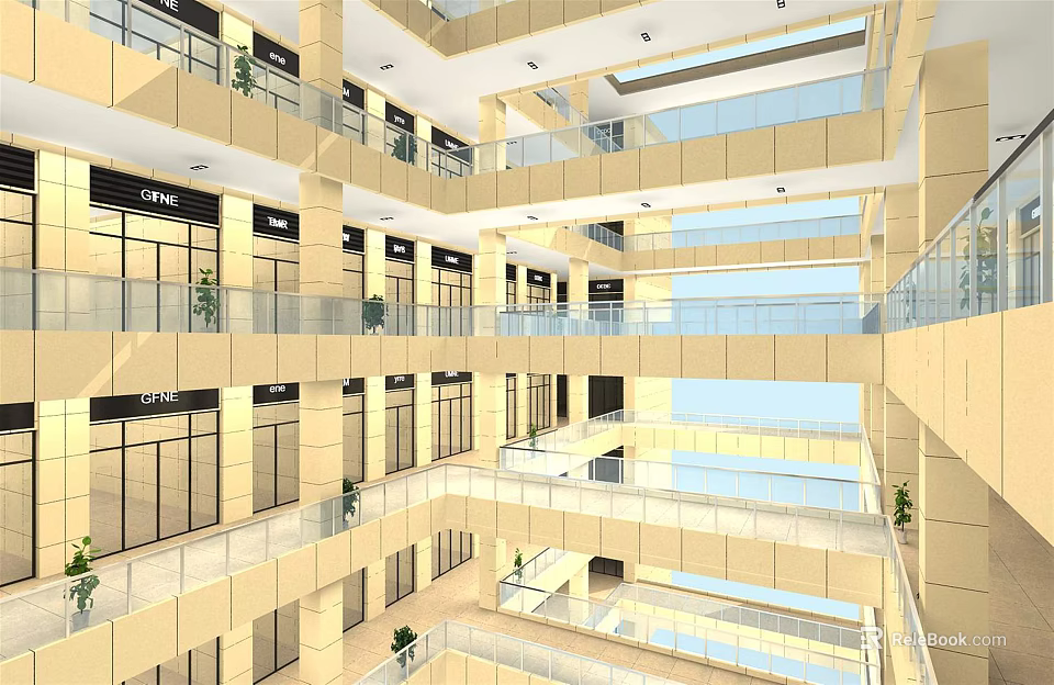Spacious Modern Mall Interior With Multiple Floors Glass Railings Storefronts And Plants 3d model 