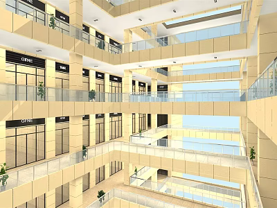 Spacious Modern Mall Interior With Multiple Floors Glass Railings Storefronts And Plants 3d model