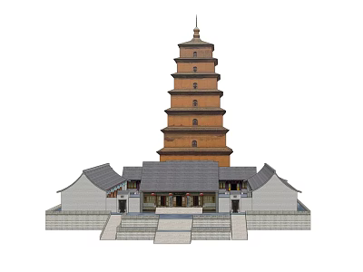 Ancient Architecture Featuring Multi Story Pagoda With Traditional Gray Tiled Roof And Attached Buildings 3d model