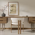 Wooden Desk With Metal Legs And White Chair Set Featuring Vase And Framed Painting