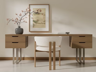 Wooden Desk With Metal Legs And White Chair Set Featuring Vase And Framed Painting 3d model
