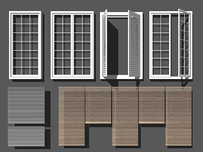 Various Styles Of Wooden Window Blinds In Open And Closed Positions 3d model