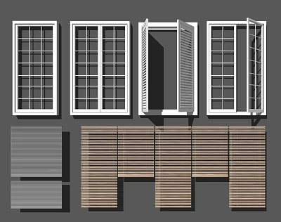Various Styles Of Wooden Window Blinds In Open And Closed Positions 3d model