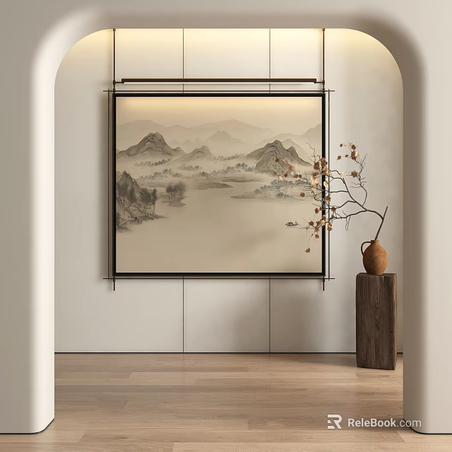 Abstract Chinese Landscape Painting as Wall Art in Minimalist Interior with Vase and Branches 3d model 