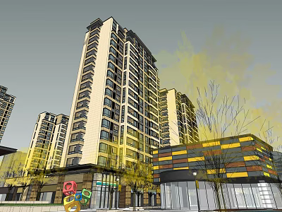Modern High Rise Residential Buildings With Colorful Low Rise Commercial Exterior Design 3d model