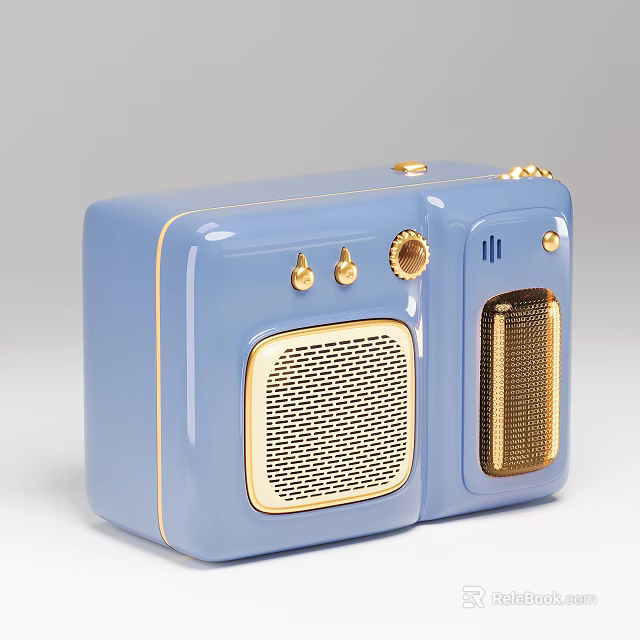Vintage Light Blue Digital Radio With Gold Knobs And Retro Speakers 3d model 