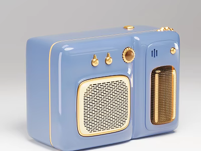 Vintage Light Blue Digital Radio With Gold Knobs And Retro Speakers 3d model