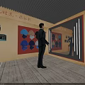 Exhibition Space Interior With Fitting Room Wall Displays Mirrors And Visitor Standing