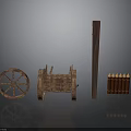 Rustic Wooden Cart Featuring Spoked Wheel Long Pole And Fence