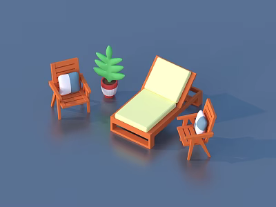 Wooden Outdoor Furniture Arrangement With Sun Lounger Two Chairs And Potted Plant 3d model