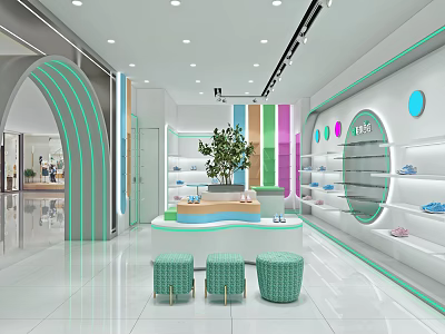 Modern Clothing Store Interior With Arched Green Decorations Colorful Shelves And Round Display Table 3d model