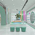 Modern Clothing Store Interior With Arched Green Decorations Colorful Shelves And Round Display Table