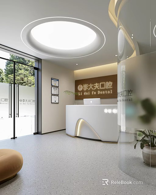 Modern Minimalist White Reception Desk Design For Clean Bright Dental Clinic Front Lobby Space 3d model 