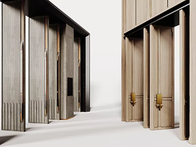 Modern Wooden Double Doors With Brass Handles In Interior Space 3d model