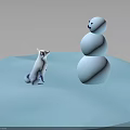 Child Playing With Snowman And White Kitten On Blue Snowy Ground