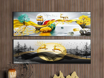 Elegant Decorative Wall Art With Deer Trees Ship And Natural Scenery 3d model