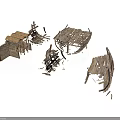 Multiple Dilapidated Wooden Building Ruins With Broken Roofs And Weathered Logs