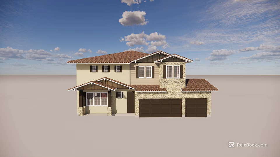 Two Story Detached House With Brown Roof Beige Exterior And Stone Accents 3d model 
