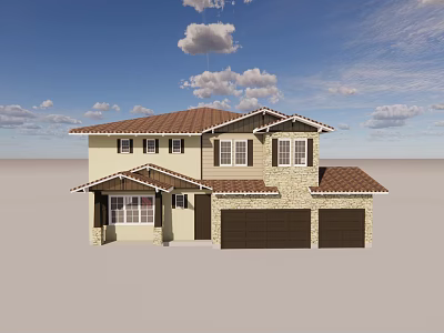 Two Story Detached House With Brown Roof Beige Exterior And Stone Accents 3d model